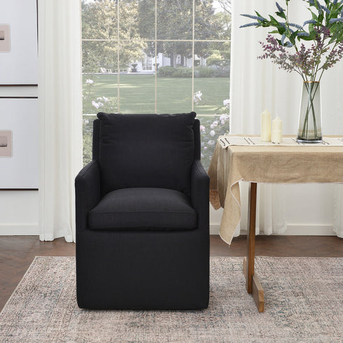Sean Performance Dining Chair with Casters - Black Upholstered Dining Chair | Modern Dining Chairs | Kinwell Furniture | Performance Fabric Dining Chairs