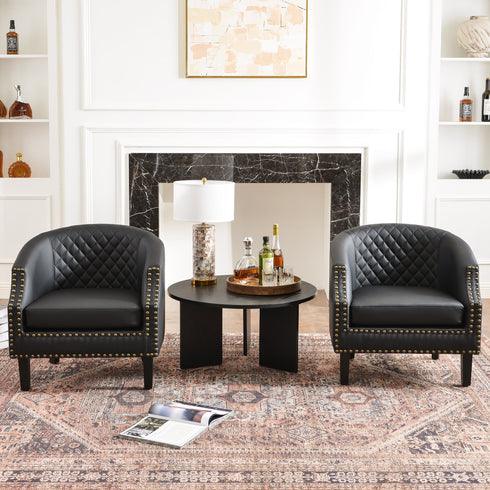 Louis Faux Leather Tufted Club Chair - Black Accent Chair | Decorative Accent Chairs | Kinwell Furniture | Modern Club Chairs | Barrel Club Chair | Nailhead Trim Chair | Contemporary Faux Leather Chair | Elegant Black Chair