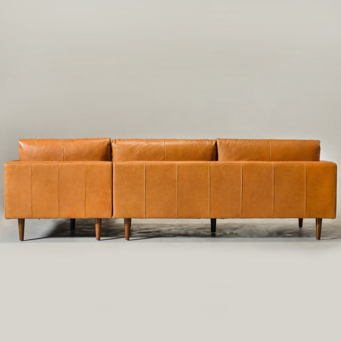 Samuel Tapered Arm Two-Piece Sectional – Leather Camel Chaise Sectional Sofa | 3-Seater Couch | Kinwell Furniture | Mid-Century Modern Design