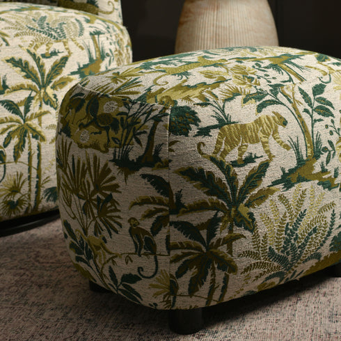 Elmer Embroidered Fabric Ottoman - Jungle Animal Print Ottoman | Embroidered Fabric Footstool | Kinwell Furniture | Modern Decorative Ottoman | Upholstered Accent Ottoman | Living Room Ottoman Stool | Matching Ottoman for Ashlie Swivel Chair | Statement Fabric Ottoman