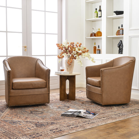 Lawton Faux Leather Tufted Swivel Chair – Camel Industrial Modern Swivel Chair | Faux Leather Office & Lounge Chair | Kinwell Furniture | High Back Chair