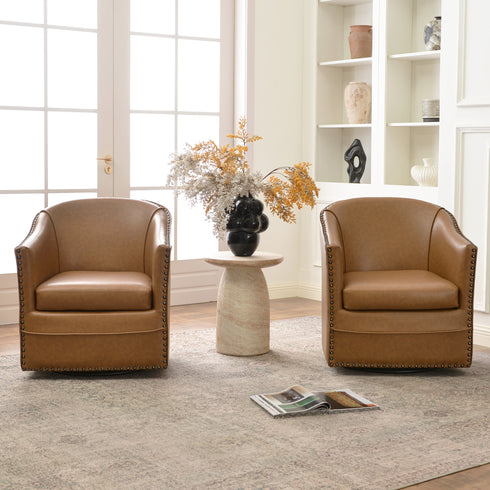 Lawton Faux Leather Tufted Swivel Chair – Camel Industrial Modern Swivel Chair | Faux Leather Office & Lounge Chair | Kinwell Furniture | High Back Chair