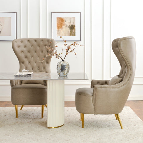 Letitia Faux Leather Wingback Chair - Khaki Accent Chair | Decorative Faux Leather Chairs | Kinwell Furniture | Modern Wingback Accent Chairs