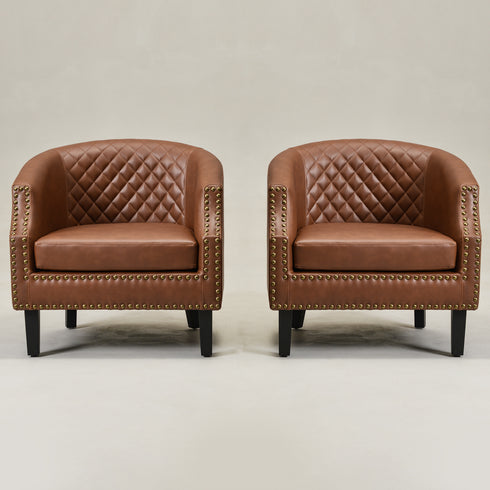 Louis Faux Leather Tufted Club Chair - Brown Accent Chair | Decorative Accent Chairs | Kinwell Furniture | Modern Club Chairs | Barrel Club Chair | Nailhead Trim Chair | Contemporary Faux Leather Chair | Elegant Brown Chair