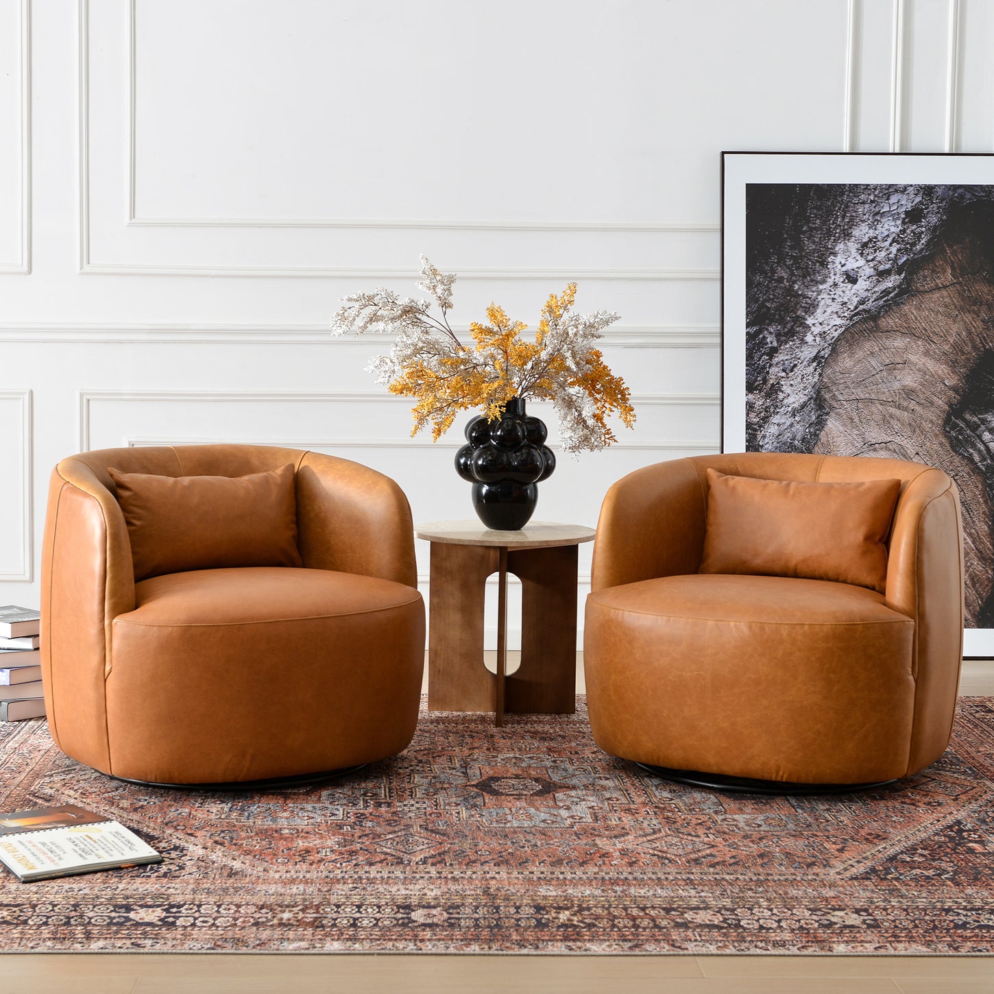 Ashlie Leather Swivel Barrel Chair - Camel Modern Swivel Chair | Swivel Accent Chairs | Kinwell Furniture | Swivel Armchairs