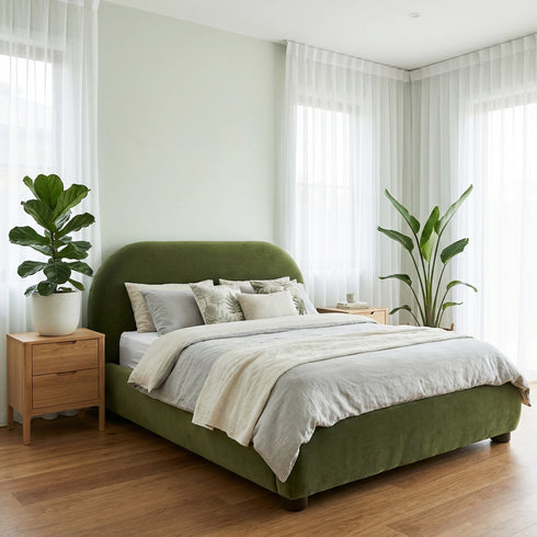 Harriet Vevlet Platform Bed with Wood Legs
