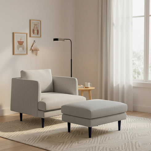 Albert Linen Blend Ottoman – Footrest & Pouf | Living Room Accent Seat | Kinwell Furniture | Contemporary Ottoman | Light Gray