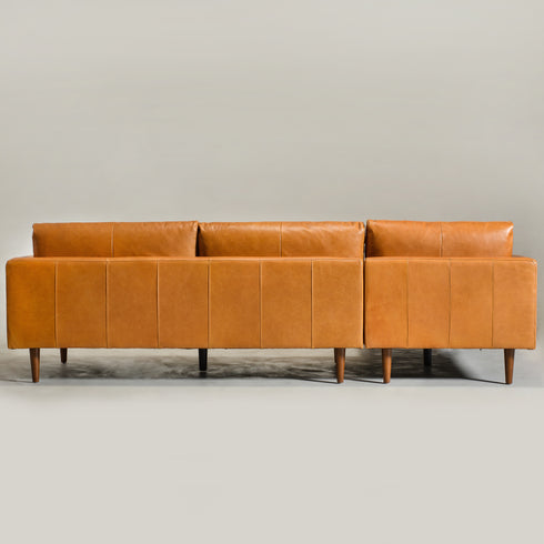 Samuel Tapered Arm Two-Piece Sectional – Leather Camel Chaise Sectional Sofa | 3-Seater Couch | Kinwell Furniture | Mid-Century Modern Design