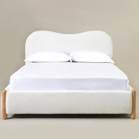 Dorothy Linen Platform Bed with Headboard – White Modern Upholstered Double Bed Frame | Platform Beds | Kinwell Furniture | Bedroom Bed Frame