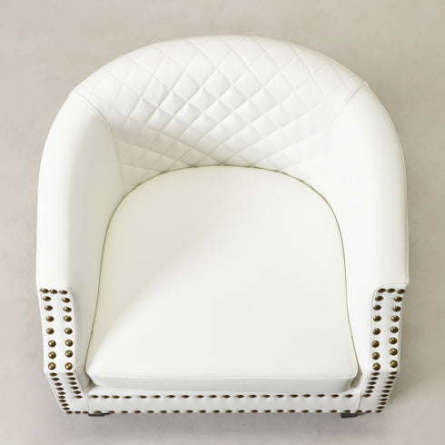 Louis Faux Leather Tufted Club Chair - White Accent Chair | Decorative Accent Chairs | Kinwell Furniture | Modern Club Chairs | Barrel Club Chair | Nailhead Trim Chair | Contemporary Faux Leather Chair | Elegant White Chair