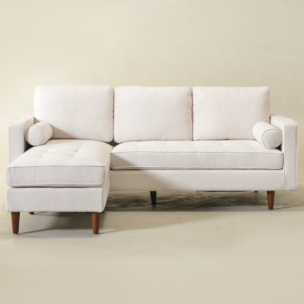 Tiziano Tufted 2-Piece Sectional Sofa – Ivory Linen Reversible Chaise Couch with Accent Pillows | Mid-Century Modern L-Shaped Sofa | Kinwell Furniture