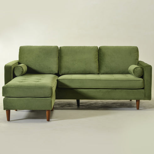 Tiziano Tufted 2-Piece Sectional Sofa – Green Velvet Reversible Chaise Couch with Accent Pillows | Mid-Century Modern L-Shaped Sofa | Kinwell Furniture