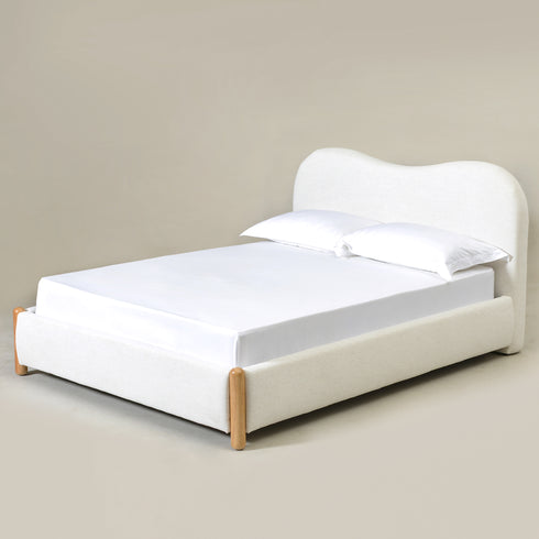 Dorothy Linen Platform Bed with Headboard – White Modern Upholstered Double Bed Frame | Platform Beds | Kinwell Furniture | Bedroom Bed Frame