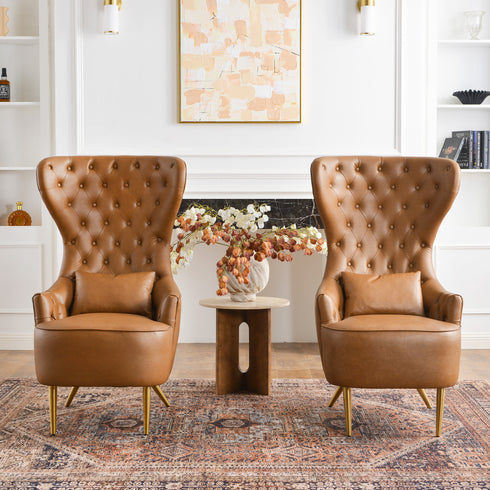 Letitia Faux Leather Wingback Chair - Camel Accent Chair | Decorative Faux Leather Chairs | Kinwell Furniture | Modern Wingback Accent Chairs