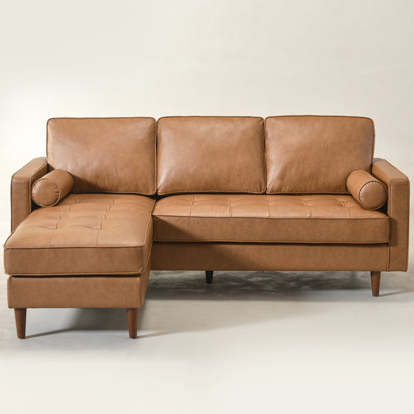 Tiziano Tufted 2-Piece Sectional Sofa – Camel Faux Leather Reversible Chaise Couch with Accent Pillows | Mid-Century Modern L-Shaped Sofa | Kinwell Furniture