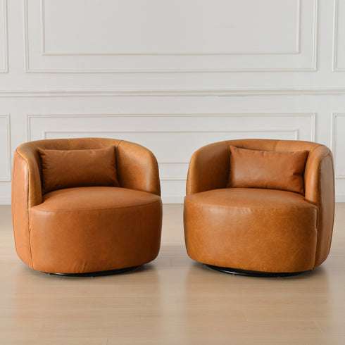 Ashlie Leather Swivel Barrel Chair - Camel Modern Swivel Chair | Swivel Accent Chairs | Kinwell Furniture | Swivel Armchairs