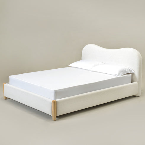 Dorothy Linen Platform Bed with Headboard – White Modern Upholstered Queen Bed Frame | Platform Beds | Kinwell Furniture | Bedroom Bed Frame