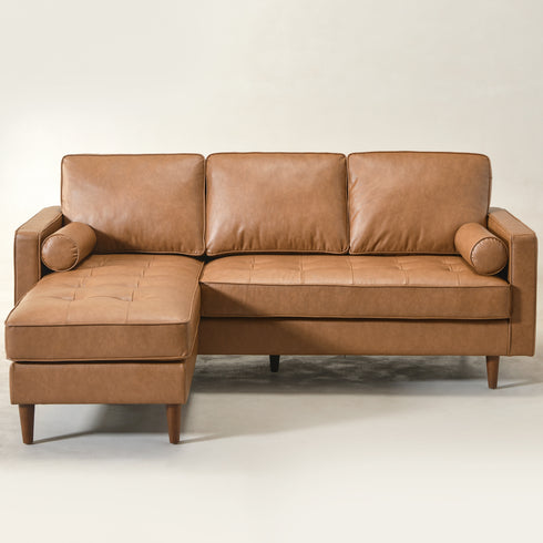 Tiziano Tufted 2-Piece Sectional Sofa – Camel Faux Leather Reversible Chaise Couch with Accent Pillows | Mid-Century Modern L-Shaped Sofa | Kinwell Furniture