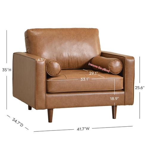 Tiziano Tufted Armchair – Camel Faux Leather Accent Chair with Pillows | Mid-Century Lounge Chair | Kinwell Furniture