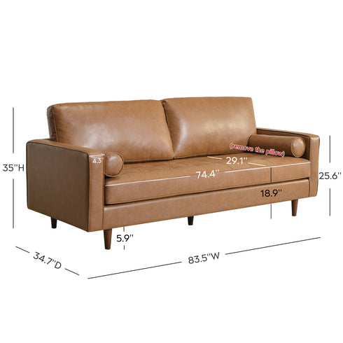 Tiziano Tufted 3-Seater Sofa – Camel Faux Leather Couch with Accent Pillows | Mid-Century Modern Sofa | Kinwell Furniture