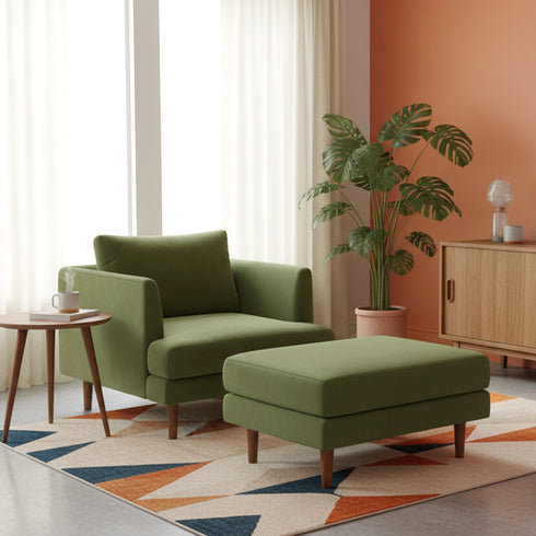 Albert Linen Blend Ottoman – Footrest & Pouf | Living Room Accent Seat | Kinwell Furniture | Contemporary Ottoman | Green