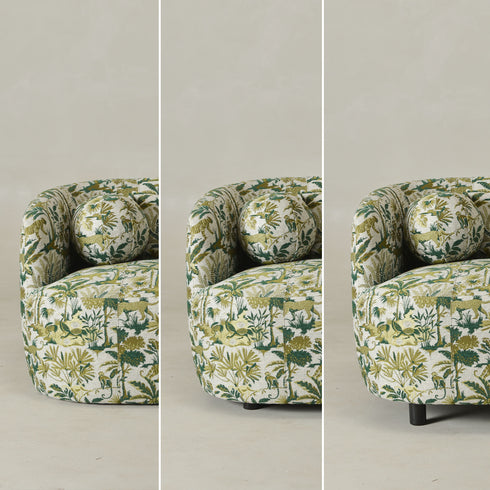 Ashlie Embroidered Fabric Swivel Chair - Jungle Animal Print Swivel Chair | Modern Swivel Accent Chair | Upholstered Swivel Armchair | Kinwell Furniture | 360 Degree Swivel Barrel Chair | Embroidered Fabric Armchair | Living Room Accent Chairs | Statement Swivel Chair