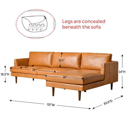 Samuel Tapered Arm Two-Piece Sectional – Leather Camel Chaise Sectional Sofa | 3-Seater Couch | Kinwell Furniture | Mid-Century Modern Design