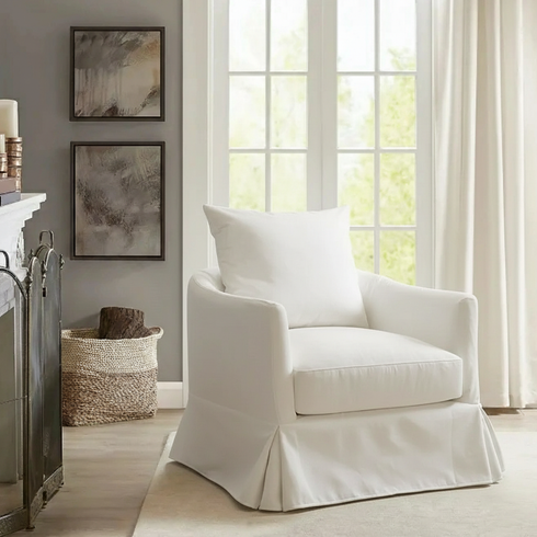 Eliza Slipcover Swivel Barrel Chair – White Swivel Armchair | Washable Slipcover Chair | Kinwell Furniture | Cozy Lounge Chair