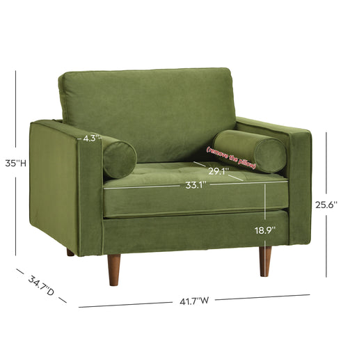 Tiziano Tufted Armchair – Green Velvet Accent Chair with Pillows | Mid-Century Lounge Chair | Kinwell Furniture