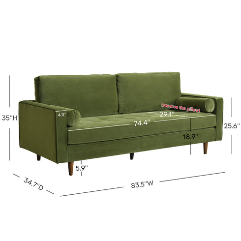 Tiziano Tufted 3-Seater Sofa – Green Velvet Couch with Accent Pillows | Mid-Century Modern Sofa | Kinwell Furniture