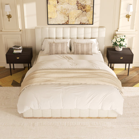 Agnes Bouclé Bed Frame with Headboard-White Modern Bed Frame | Platform Beds | Kinwell Furniture | Bedroom Bed Headboard