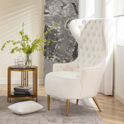 Letitia Velvet Wingback Accent Chair - Cream MCM Accent Chair | Accent Side Chairs | Kinwell Furniture | Leather Accent Chairs & Barrel Accent Chairs