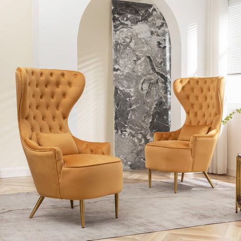 Letitia Velvet Wingback Accent Chair - Camel Cozy Accent Chair | Decorative Side Chairs | Kinwell Furniture | Most Comfortable Accent Chairs