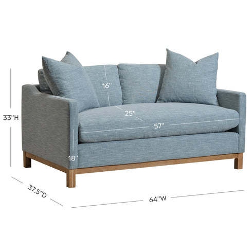 Goose Down Feathers Upholstered Loveseat – Blue Square Arm 2-Seater Sofa | Plush Feather-Filled Loveseat | Kinwell Furniture | Cloud-Soft, Timeless Design