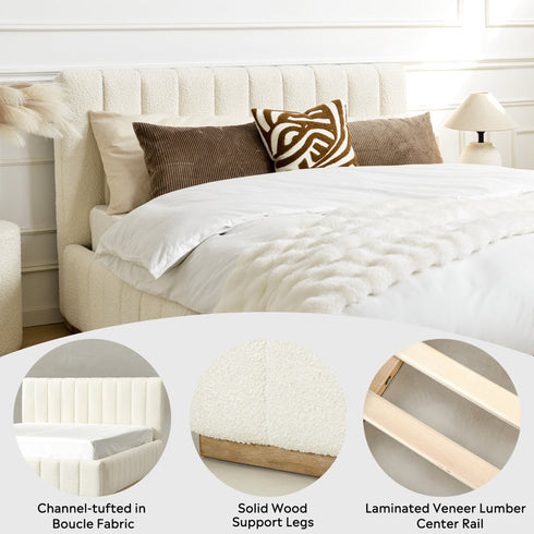 Agnes Bouclé Bed Frame with Headboard-White Modern Bed Frame | Platform Beds | Kinwell Furniture | Bedroom Bed Headboard