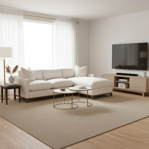 Cream Goose Down Sectional Sofa | L-Shape Down Filled Sectional with Chaise | Cream Upholstered Sectional Sofa | Modern Cream Sectional Couch | Soft Down Sectional Sofa