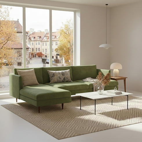 Samuel Tapered Arm Two-Piece Sectional – Velvet Green Chaise Sectional Sofa | 3-Seater Couch | Kinwell Furniture | Modern Tapered Look
