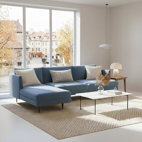 Samuel Tapered Arm Two-Piece Sectional – Velvet Blue Chaise Sectional Sofa | 3-Seater Couch | Kinwell Furniture | Mid-Century Modern Design
