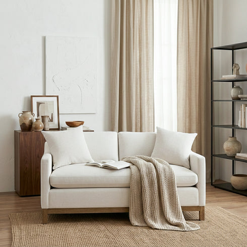 Goose Down Feathers Upholstered Loveseat – Cream Square Arm 2-Seater Sofa | Plush Feather-Filled Loveseat | Kinwell Furniture | Cloud-Soft, Timeless Design