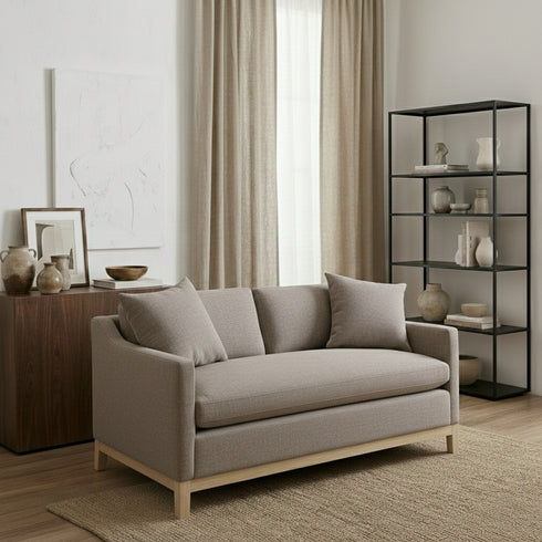 Goose Down Feathers Upholstered Loveseat – Tan Square Arm 2-Seater Sofa | Plush Feather-Filled Loveseat | Kinwell Furniture | Cloud-Soft, Timeless Design