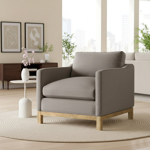 Goose Down Feathers Upholstered Armchair – Tan Square Arm Accent Chair | Plush Feather-Filled Chair | Kinwell Furniture | Cloud-Soft, Timeless Design