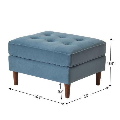Tiziano Tufted Ottoman – Velvet Rectangular Footrest & Accent Seat | Mid-Century Upholstered Pouf | Blue Ottoman