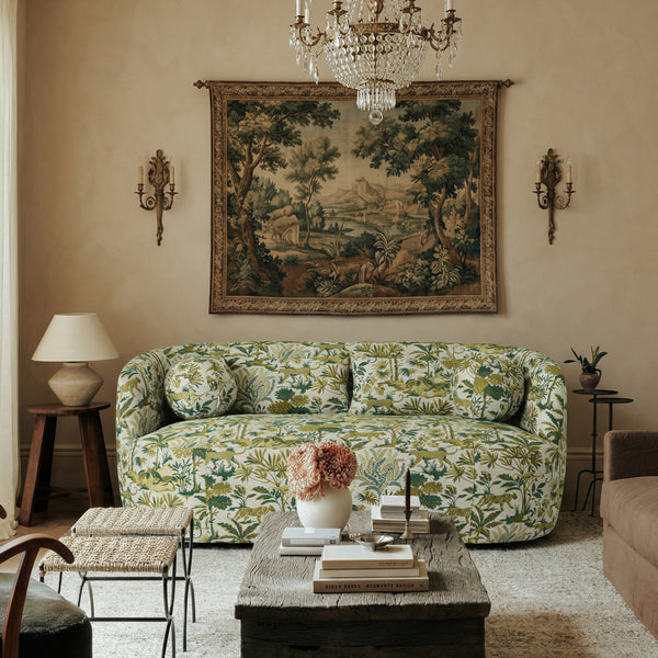 Ashlie Embroidered Fabric Loveseat – Jungle Animal Print Loveseat Sofa | Modern Upholstered Loveseat | Embroidered Fabric Loveseat Sofa | Kinwell Furniture | Two-Seater Accent Sofa | Embroidered Fabric Couch | Living Room Loveseat | Statement Loveseat Sofa