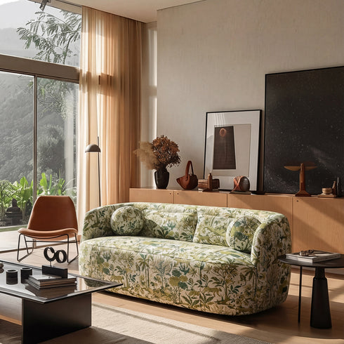 Ashlie Embroidered Fabric Loveseat – Jungle Animal Print Loveseat Sofa | Modern Upholstered Loveseat | Embroidered Fabric Loveseat Sofa | Kinwell Furniture | Two-Seater Accent Sofa | Embroidered Fabric Couch | Living Room Loveseat | Statement Loveseat Sofa