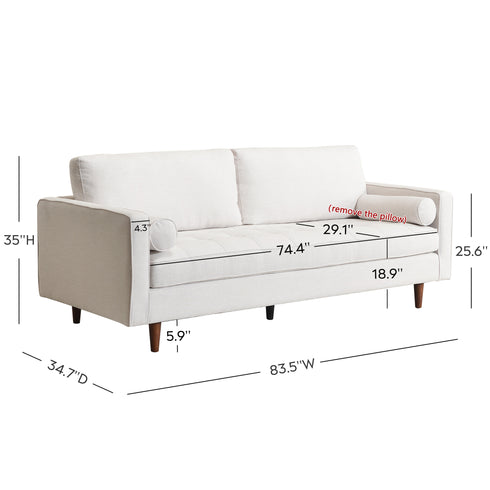 Tiziano Tufted 3-Seater Sofa – Ivory Linen Couch with Accent Pillows | Mid-Century Modern Sofa | Kinwell Furniture