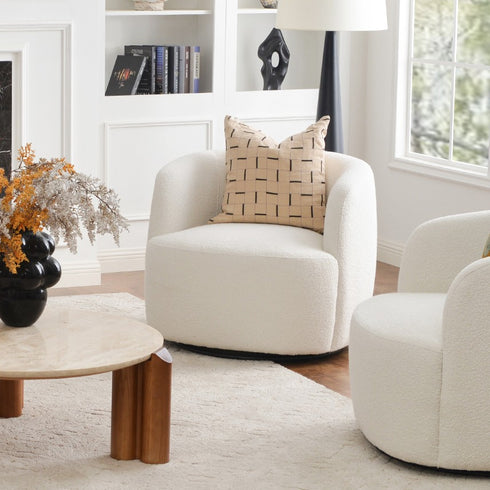 Ashlie Bouclé Swivel Barrel Chair - Comfortable Swivel Chair | Modern Swivel Chairs | Kinwell Furniture | Modern Swivel Chairs