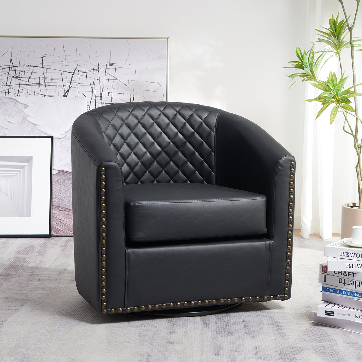 Kinwell Logan Faux Leather Tufted Swivel Club Chair